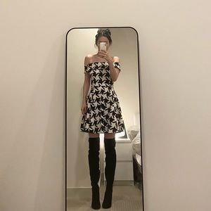 Black and white off the shoulder houndstooth mini dress